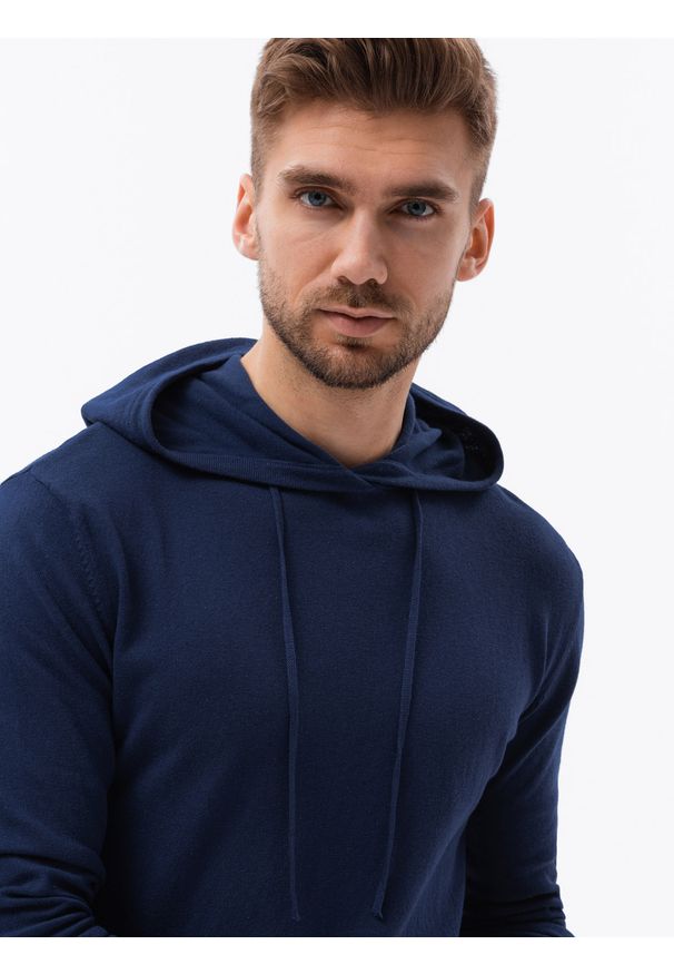 Ombre Clothing - Męska bluza dzianinowa z kapturem - ciemnoniebieska V3 B1532 - XXL. Typ kołnierza: kaptur. Kolor: niebieski. Materiał: dzianina