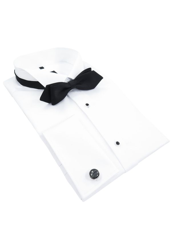 Mmer / Villaro - Koszule męskie - Biała koszula ślubna smokingowa M2. Okazja: na wesele, na ślub cywilny. Typ kołnierza: łamany. Kolor: biały. Materiał: bawełna, elastan, tkanina. Długość: długie. Wzór: gładki. Styl: elegancki