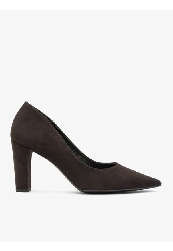 Ryłko - Ciemnobrązowe czółenka na obcasie. Kolor: brązowy. Materiał: skóra, welur. Sezon: lato. Obcas: na obcasie. Styl: elegancki. Wysokość obcasa: średni