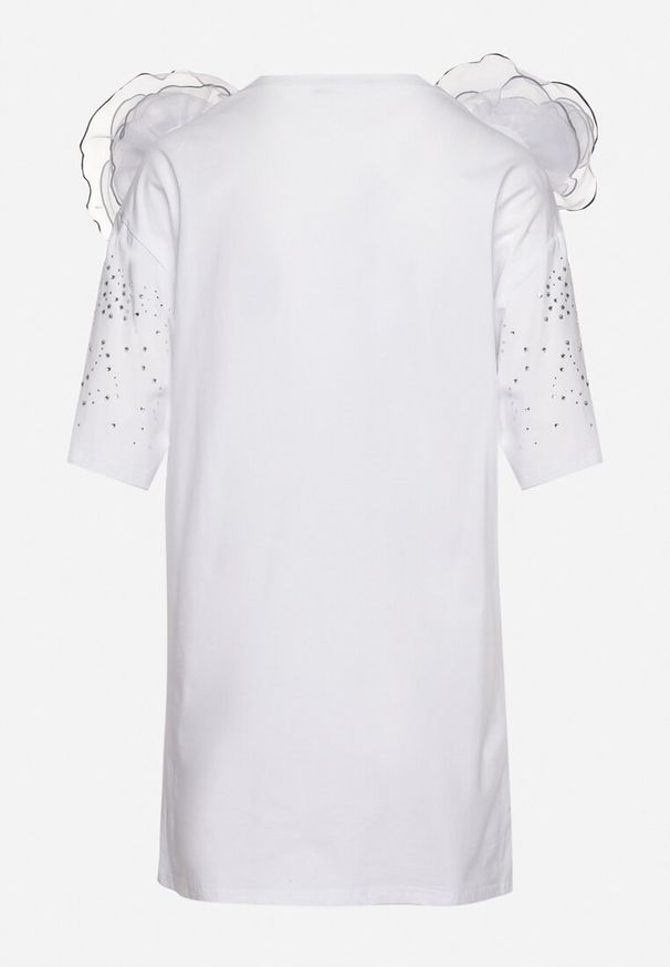 Born2be - Biała Bluzka z Bawełny Ozdobiona Cyrkoniami i Kryształkami Leonea. Kolor: biały. Materiał: bawełna. Wzór: aplikacja