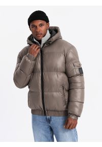 Ombre Clothing - Ciepła męska kurtka puffer ze ściągaczami – ciemnobeżowa V3 - Rozmiar: M. Okazja: na co dzień. Typ kołnierza: kaptur. Kolor: beżowy. Materiał: guma, tkanina, poliester, materiał, syntetyk, nylon. Wzór: aplikacja. Sezon: zima. Styl: casual #3