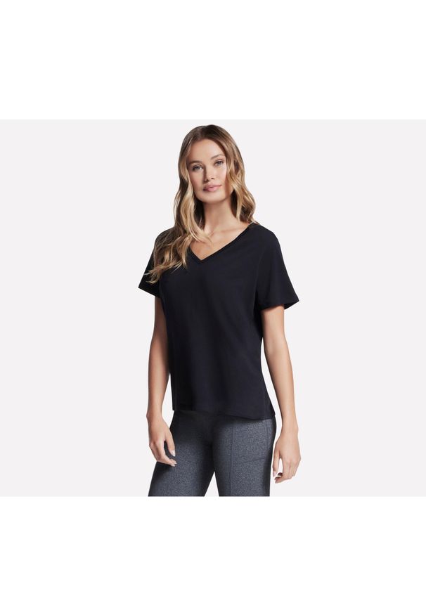 skechers - Koszulka Damska Skechers. Kolor: czarny. Materiał: poliester. Długość rękawa: krótki rękaw. Długość: krótkie