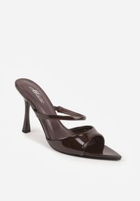 Born2be - Brązowe Klapki na Szpilce z Podwójnym Paskiem i Szpiczastym Noskiem Senrenne. Okazja: na co dzień. Nosek buta: szpiczasty. Kolor: brązowy. Materiał: jeans, satyna, koronka. Wzór: koronka. Obcas: na szpilce. Styl: casual, elegancki #6