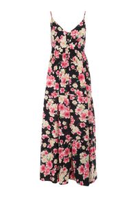 Born2be - Czarna Sukienka Damaia. Typ kołnierza: kołnierz z falbankami. Kolor: czarny. Materiał: wiskoza. Długość rękawa: na ramiączkach. Wzór: kwiaty. Długość: maxi #5