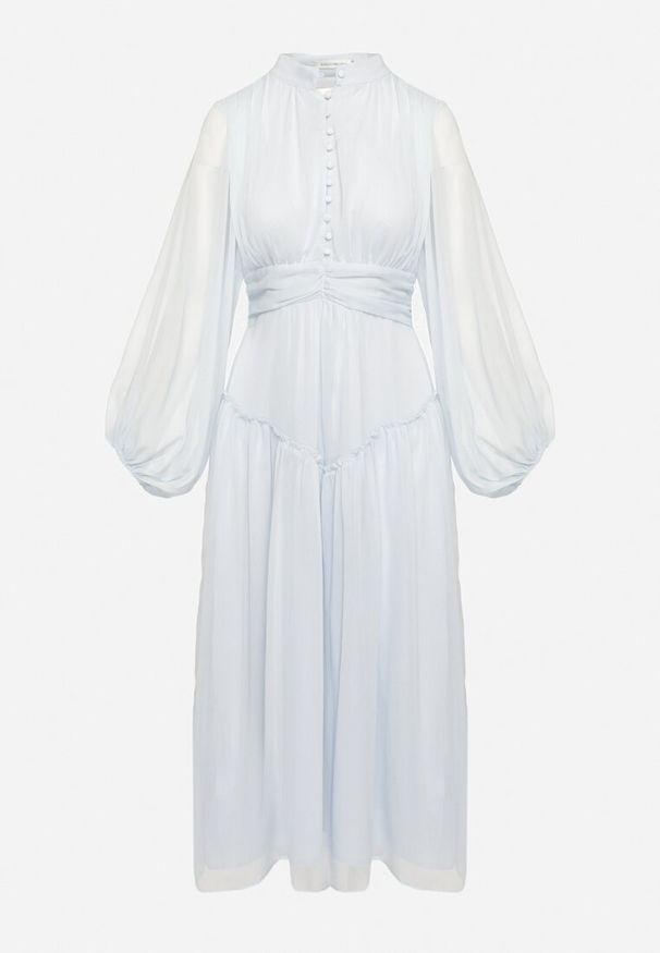 Born2be - Jasnoniebieska Długa Sukienka Koktajlowa w Stylu Retro z Plisami i Stójką Leowia. Typ kołnierza: kołnierzyk stójkowy. Kolor: niebieski. Styl: retro, wizytowy. Długość: maxi