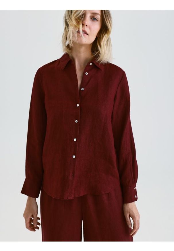 Reserved - Lniana koszula - bordowy. Kolor: czerwony. Materiał: len