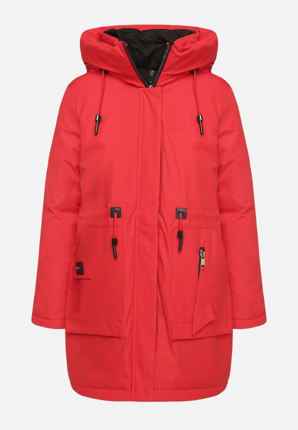 Born2be - Czerwona Kurtka Parka z Kapturem Ściągana w Pasie Semielin. Okazja: na co dzień, na spacer. Typ kołnierza: kaptur. Kolor: czerwony. Styl: casual, elegancki
