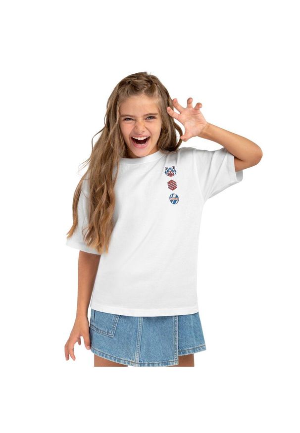 SIROKO - Koszulka bawełniana lifestyle krótki rękaw dziewczęca Kitty-G. Kolor: biały. Materiał: bawełna. Długość rękawa: krótki rękaw. Długość: krótkie. Sport: joga i pilates