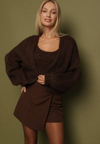 Born2be - Brązowy Kardigan Bez Zapięć z Dodatkowym Topem z Wełną i Wiskozą Fendorie. Kolor: brązowy. Materiał: wełna, wiskoza. Długość rękawa: na ramiączkach. Długość: długie. Styl: elegancki #2