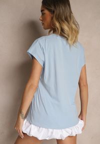 Renee - Jasnoniebieski Bawełniany T-shirt z Cyrkoniami Perłami i Rękawami Nietoperz Inellira. Kolor: niebieski. Materiał: bawełna. Wzór: aplikacja #5