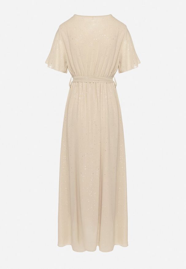 Born2be - Beżowa Brokatowa Sukienka Koktajlowa Ozdobiona Paskiem Ziliane. Okazja: na imprezę. Kolor: beżowy. Wzór: aplikacja. Styl: wizytowy