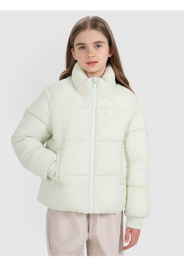 4f - 4F Kurtka puchowa z wypełnieniem syntetycznym dziewczęca - miętowa 164 (13-14 lat). Okazja: na co dzień. Typ kołnierza: kołnierzyk stójkowy. Kolor: turkusowy. Materiał: puch, syntetyk. Długość: długie. Wzór: gładki. Sezon: lato. Styl: casual, klasyczny, sportowy