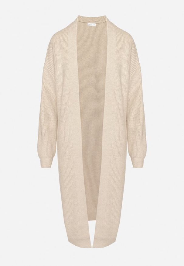 Born2be - Beżowy Klasyczny Długi Kardigan Niezapinany ze Ściągaczami przy Rękawach Arstel. Okazja: do pracy, na co dzień. Kolor: beżowy. Materiał: jeans. Długość: długie. Styl: klasyczny