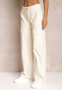 Renee - Beżowe Bawełniane Spodnie z Gumeczkami Przy Nogawkach Moye. Kolor: beżowy. Materiał: bawełna #5