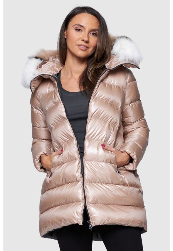 Hetrego - HETREGO Beżowa damska długa kurtka puchowa Hygiea z lisem, Rozmiar 42 EU - 46 IT. Kolor: beżowy. Materiał: puch. Długość: długie