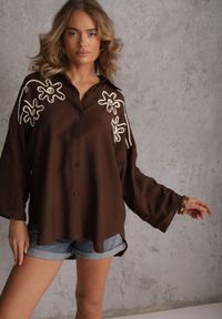 Renee - Brązowa Wiskozowa Koszula Nietoperz z Regulowanymi Rękawami i Haftem Drenesh. Kolor: brązowy. Materiał: wiskoza. Wzór: haft. Styl: boho #6