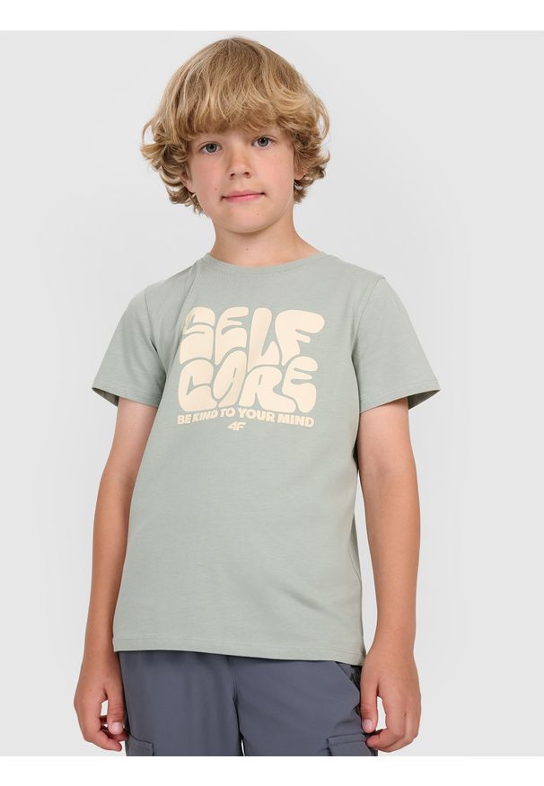 4f - 4F T-shirt regular z nadrukiem chłopięcy - oliwkowy 152 (11-12 lat). Okazja: na co dzień. Kolor: oliwkowy, brązowy, wielokolorowy. Wzór: nadruk. Sezon: lato. Styl: casual
