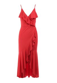 Born2be - Czerwona Kopertowa Sukienka na Ramiączkach Zdobiona Falbanami Adathe. Kolor: czerwony. Długość rękawa: na ramiączkach. Wzór: aplikacja. Typ sukienki: kopertowe. Styl: elegancki. Długość: midi #5