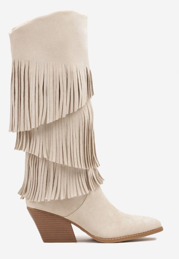 Born2be - Beżowe Kozaki Typu Kowbojki na Stożkowym Obcasie z Frędzlami Acirrive. Okazja: na co dzień. Kolor: beżowy. Materiał: skóra, jeans. Obcas: na obcasie. Styl: casual. Wysokość obcasa: średni