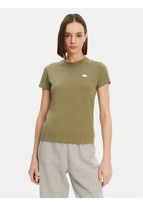 Lacoste T-Shirt TF9246 Khaki Slim Fit. Kolor: brązowy. Materiał: bawełna