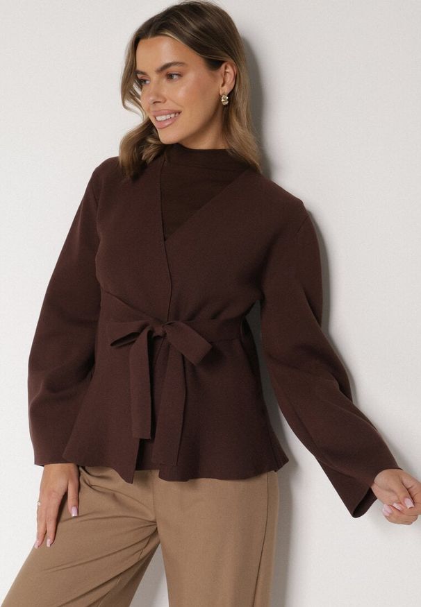 Born2be - Brązowy Kardigan z Wiskozą i Wiązaniem w Pasie Tusvela. Okazja: na co dzień. Kolor: brązowy. Materiał: wiskoza. Styl: casual