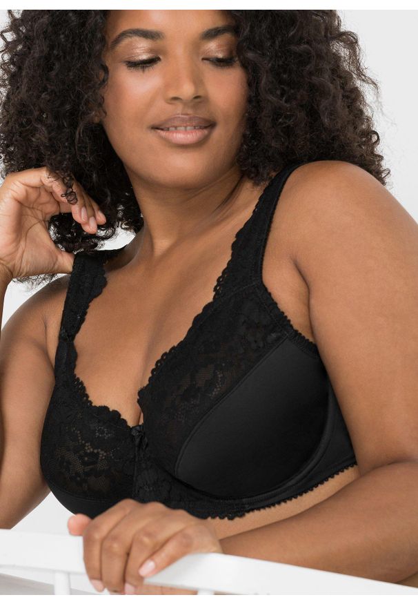 bonprix - Biustonosz minimizer z wyściełanymi ramiączkami (2 szt.). Kolor: czarny. Materiał: koronka. Rodzaj stanika: wyściełane miseczki, różne sposoby noszenia. Wzór: koronka