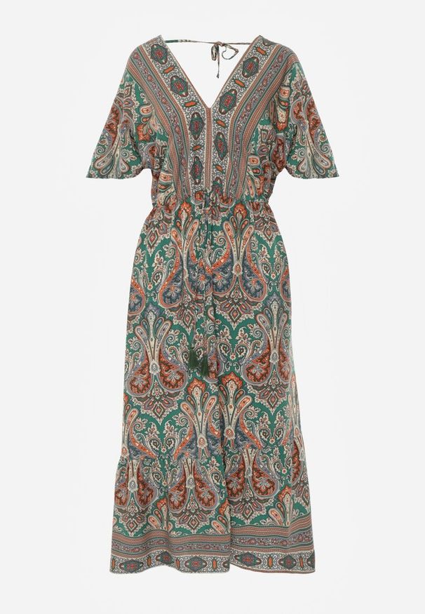 Renee - Zielono-Brązowa Wiskozowa Sukienka Maxi z Gumką w Pasie Ozdobiona Wzorem Paisley Larite. Okazja: na co dzień, na randkę. Typ kołnierza: dekolt w kształcie V. Kolor: zielony. Wzór: aplikacja, paisley. Typ sukienki: rozkloszowane. Materiał: wiskoza. Sezon: lato. Styl: casual. Długość: maxi
