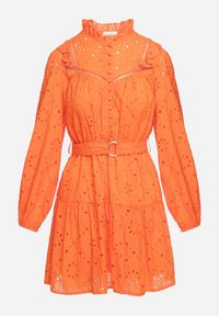 Born2be - Pomarańczowa Haftowana Sukienka Mini z Bawełny z Paskiem i Ażurowym Wzorem Aislina. Typ kołnierza: kołnierz z falbankami. Kolor: pomarańczowy. Materiał: bawełna. Wzór: ażurowy, haft. Sezon: wiosna, lato. Długość: mini #5