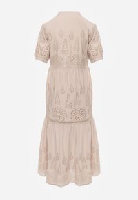 Renee - Beżowa Haftowana Sukienka Bawełniana ze Ściągaczem w Talii Ineryna. Kolor: beżowy. Materiał: bawełna. Wzór: haft. Sezon: lato. Styl: boho #5