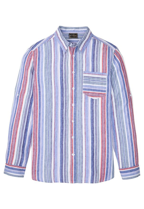 Koszula lniana z długimi wywijanymi rękawami bonprix lila-czerwono-biały w pionowe paski. Kolor: fioletowy. Materiał: len. Długość: długie. Wzór: paski