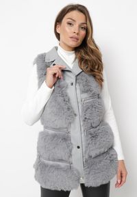 Born2be - Szara Futrzana Kamizelka ze Wstawkami z Imitacji Skóry Adamani. Kolor: szary. Materiał: skóra, futro #2