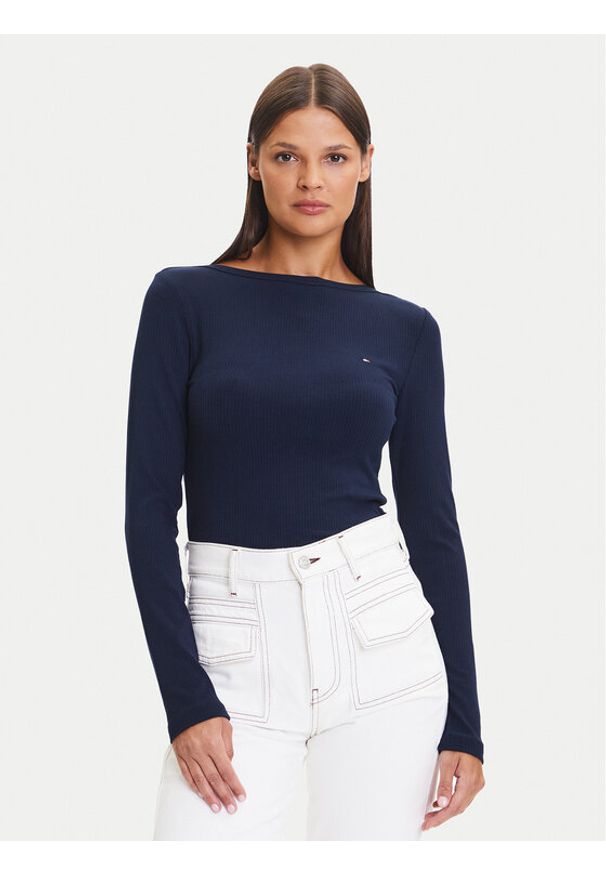 TOMMY HILFIGER - Tommy Hilfiger Bluzka WW0WW47309 Granatowy Slim Fit. Kolor: niebieski. Materiał: wiskoza
