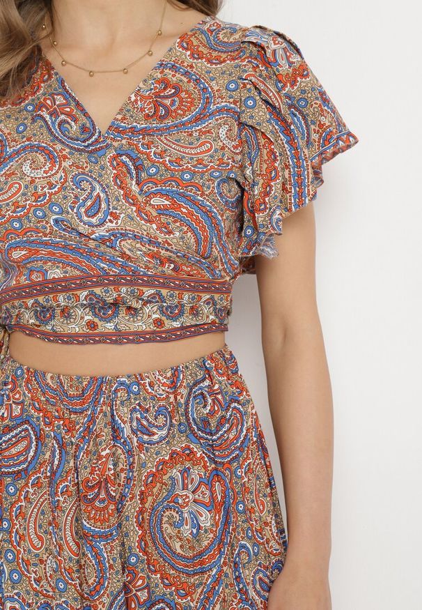 Born2be - Beżowy Komplet 2-Częściowy we Wzór Paisley z Wiskozy Spódnica Maxi i Kopertowa Góra Wabila. Kolor: beżowy. Materiał: wiskoza. Wzór: paisley