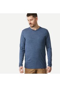 FORCLAZ - Koszulka trekkingowa z długim rękawem męska Forclaz Travel 500 Merino. Kolor: niebieski. Materiał: materiał, akryl, wełna. Długość rękawa: długi rękaw. Długość: długie. Sport: turystyka piesza