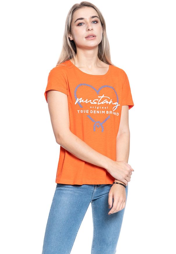 Mustang - T-SHIRT DAMSKI MUSTANG ALINA C PRINT ORANGE 1009835 7096. Wzór: nadruk