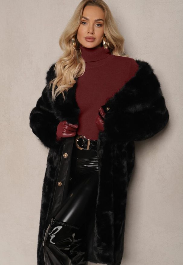 Renee - Czarny Futrzany Płaszcz z Wiązanym Paskiem Ozdobnym Kołnierzem i Mankietami Viaressa. Okazja: na co dzień. Kolor: czarny. Materiał: futro. Długość rękawa: długi rękaw. Długość: długie. Styl: casual, rockowy, elegancki