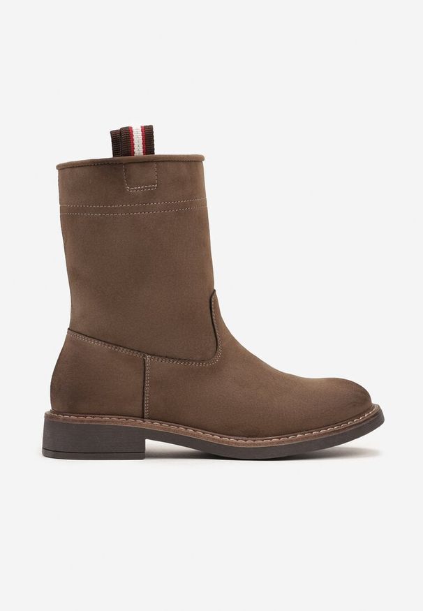 Born2be - Ciemnobeżowe Płaskie Klasyczne Botki z Luźną Cholewką Lirelira. Kolor: brązowy. Materiał: jeans. Szerokość cholewki: normalna. Obcas: na obcasie. Styl: klasyczny. Wysokość obcasa: niski