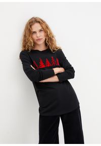 bonprix - Shirt bawełniany z długim rękawem i bożonarodzeniowym motywem. Kolor: czarny. Materiał: bawełna. Długość rękawa: długi rękaw. Długość: długie