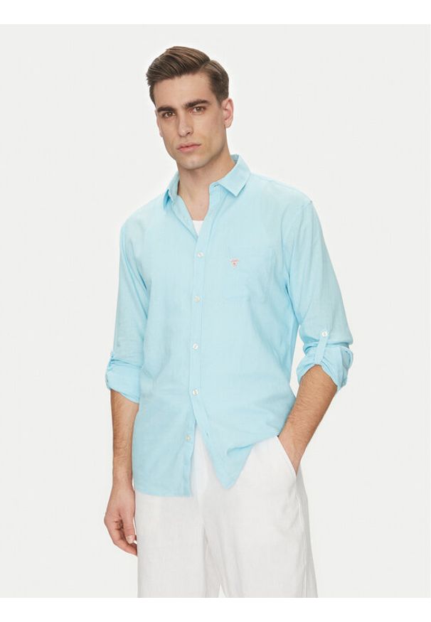 Guess Koszula F4GH00 WG3L0 Błękitny Regular Fit. Kolor: niebieski. Materiał: len, wiskoza