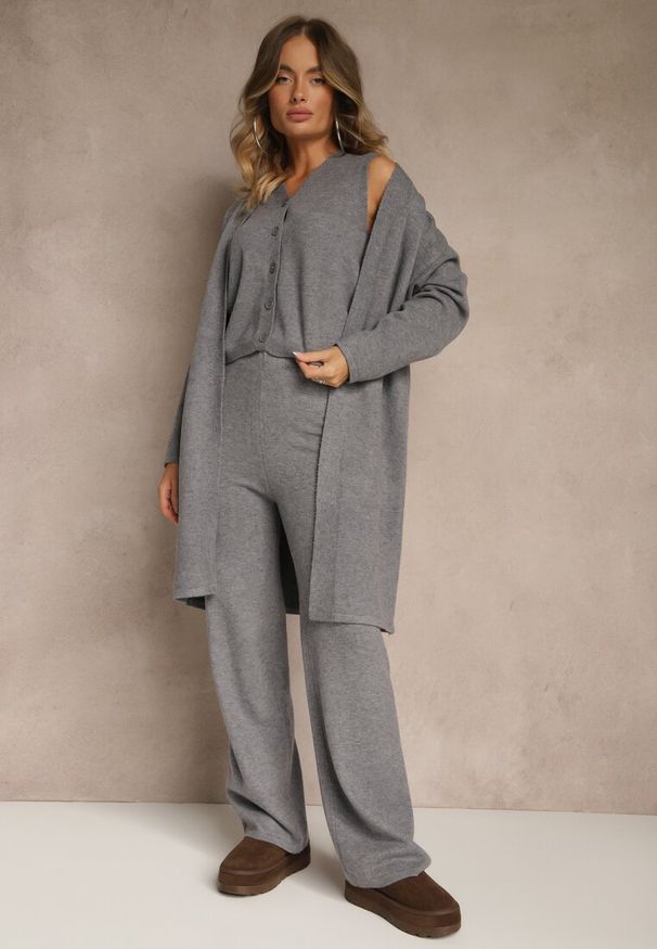 Renee - Szary Komplet z Dzianiny z Wełną Długi Kardigan Spodnie i Kamizelka Otizane. Kolekcja: plus size. Kolor: szary. Materiał: wełna, dzianina. Wzór: aplikacja