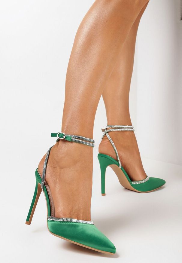 Born2be - Zielone Sandały na Szpilce Ozdobione Drobnymi Cyrkoniami Nolsara. Kolor: zielony. Wzór: aplikacja. Obcas: na szpilce