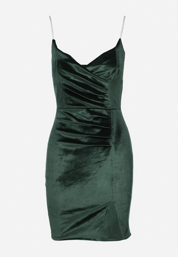 Born2be - Zielona Dopasowana Sukienka Welurowa z Kopertowym Dekoltem Evicco. Typ kołnierza: dekolt kopertowy. Kolor: zielony. Materiał: welur. Wzór: aplikacja. Typ sukienki: kopertowe. Styl: elegancki