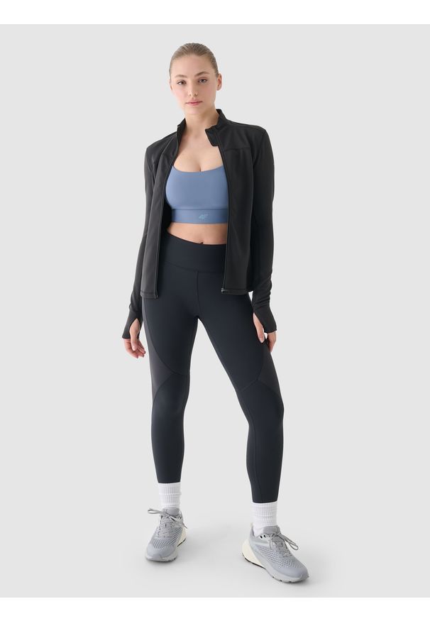 4f - 4F Legginsy treningowe z wysokim stanem damskie - szare S. Stan: podwyższony. Kolor: szary. Materiał: dzianina, włókno, syntetyk, materiał, elastan. Wzór: gładki, ze splotem, jednolity. Sport: fitness