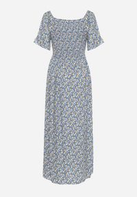 Born2be - Niebieska Bawełniana Sukienka w Kwiatki z Hiszpańskim Elastycznym Dekoltem Bleriama. Okazja: na randkę, na co dzień. Kolor: niebieski. Materiał: bawełna. Długość rękawa: krótki rękaw. Wzór: kwiaty. Styl: elegancki, casual #5