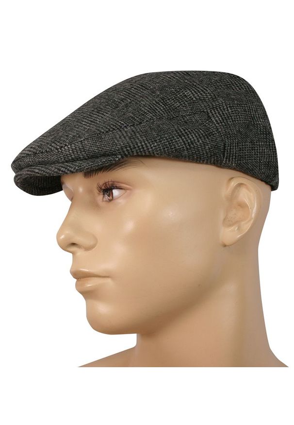 Kaszkiet, Popielaty, Grafitowy, w Drobny Wzór Jesienno-Zimowy, Ocieplany, z Gumką -Pako Jeans- Męski. Kolor: szary. Materiał: poliester, wełna. Sezon: jesień, zima