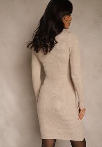 Renee - Beżowa Sweterkowa Dopasowana Sukienka z Bawełną Reileta. Kolor: beżowy. Materiał: bawełna #5