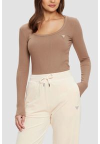 Guess - GUESS Brązowy damski longsleeve Colette. Kolor: brązowy. Długość rękawa: długi rękaw
