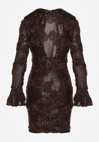 Born2be - Brązowa Cekinowa Sukienka z Kwiatami 3D Naweda. Okazja: na spotkanie biznesowe. Kolor: brązowy. Materiał: poliester, jeans. Wzór: kwiaty. Styl: biznesowy #5