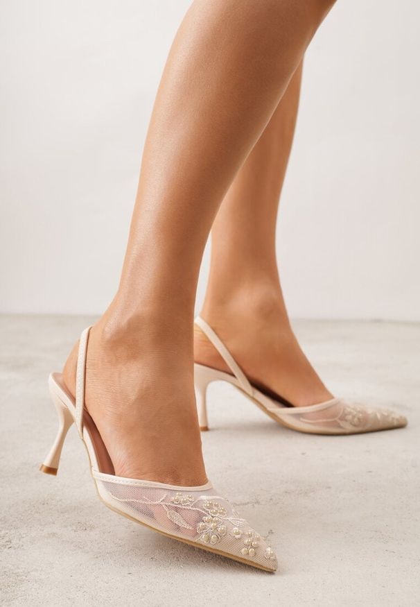 Born2be - Beżowe Sandały na Szpilce z Koronką Caskstar. Kolor: beżowy. Materiał: koronka. Wzór: koronka. Obcas: na szpilce. Styl: elegancki, klasyczny