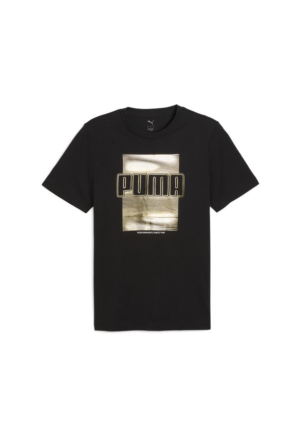 Puma - Męska koszulka z błyszczącym nadrukiem PUMA. Kolor: czarny. Wzór: nadruk. Sport: bieganie